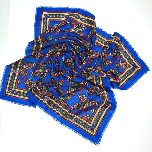 Vintage Charter Club Wool Square Scarf Paisley Blue made in Japan - Picture 2 of 12